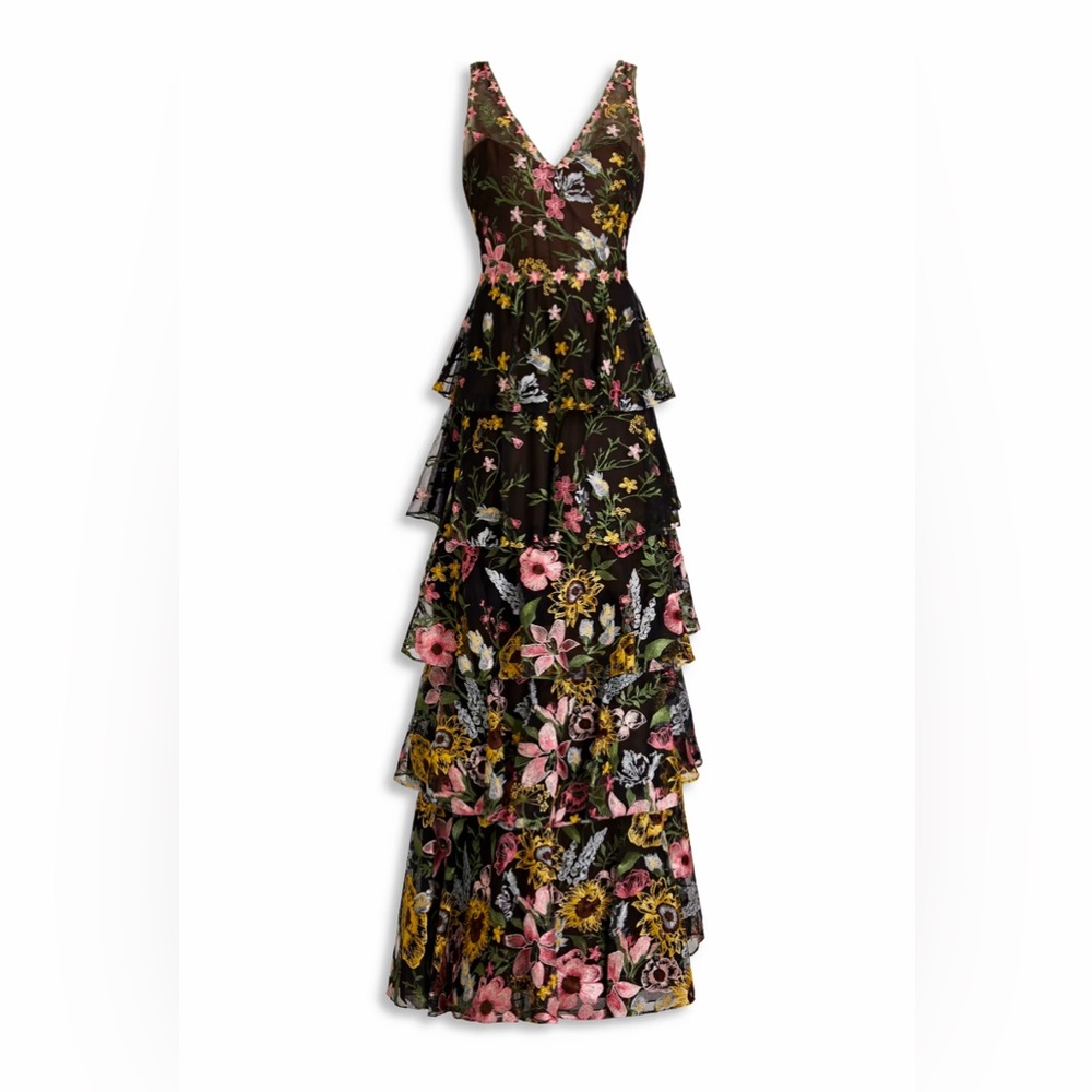 🔴 MARCHESA NOTTE,TIERED EMBROIDERED GOWN - Picture 7 of 13